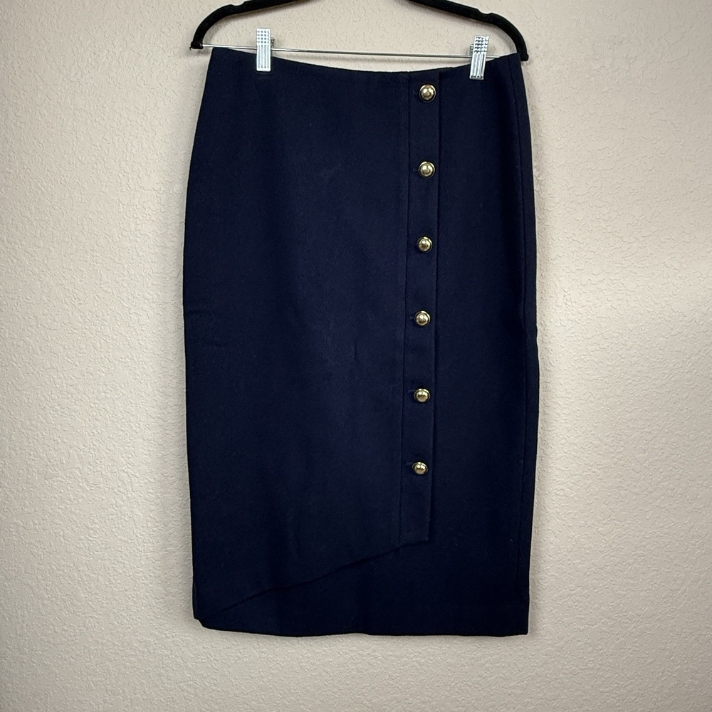 Anthropologie Halogen Pacific X Atlantic Faux Wrap Pencil Midi Skirt Navy 6